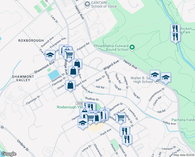 map of restaurants, bars, coffee shops, grocery stores, and more near 625 Renz Street in Philadelphia