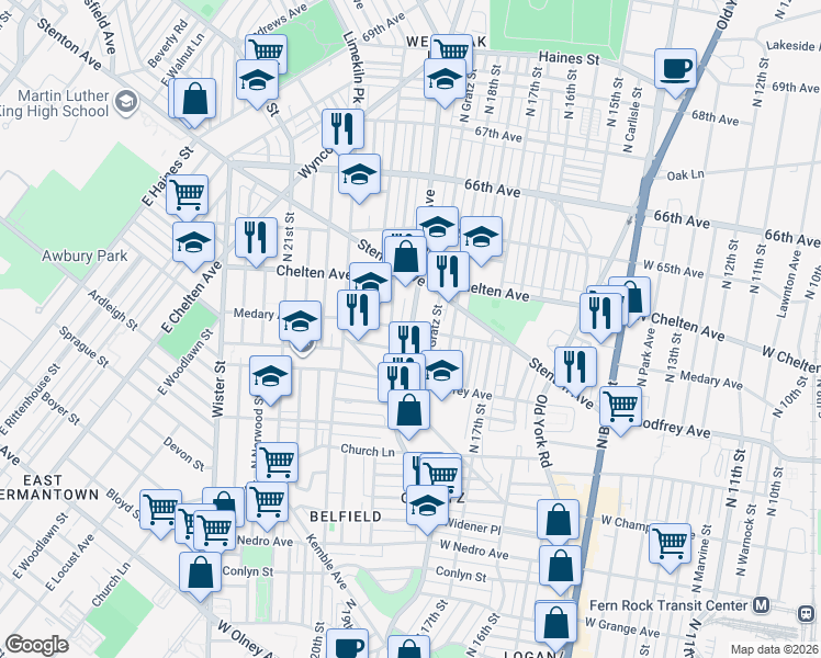 map of restaurants, bars, coffee shops, grocery stores, and more near Ogontz Ave & Medary Ave in Philadelphia