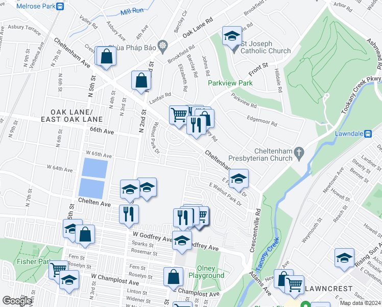 map of restaurants, bars, coffee shops, grocery stores, and more near 119 West Walnut Park Drive in Philadelphia