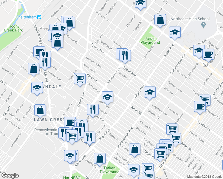 map of restaurants, bars, coffee shops, grocery stores, and more near 909 Knorr Street in Philadelphia