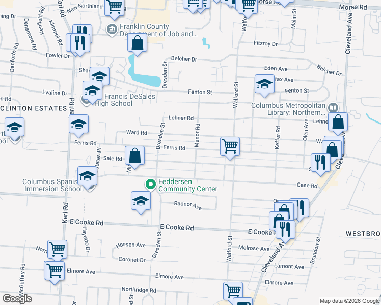 map of restaurants, bars, coffee shops, grocery stores, and more near 1873 Ferris Road in Columbus