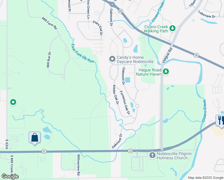 map of restaurants, bars, coffee shops, grocery stores, and more near 18067 Kinder Oak Drive in Noblesville