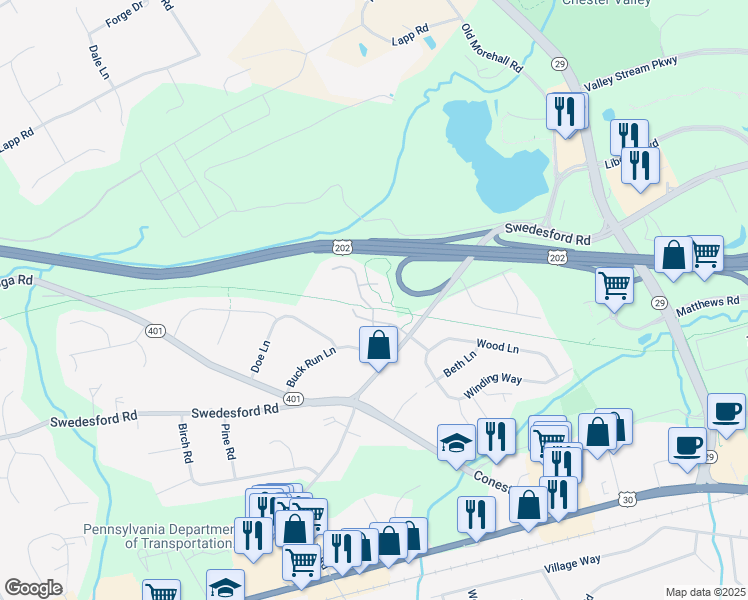 map of restaurants, bars, coffee shops, grocery stores, and more near 31 Knickerbocker Lane in Malvern