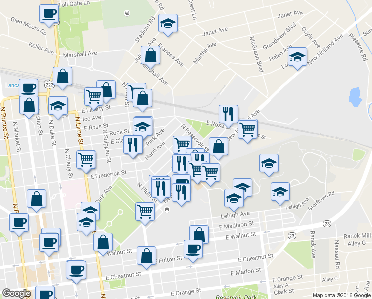 map of restaurants, bars, coffee shops, grocery stores, and more near 629 Hamilton St in Lancaster