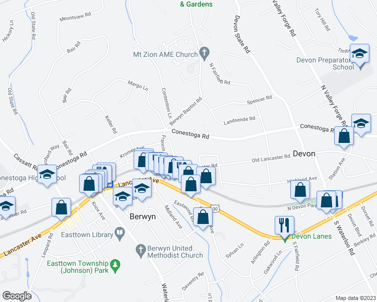 map of restaurants, bars, coffee shops, grocery stores, and more near 425 Littlebrook Road in Berwyn
