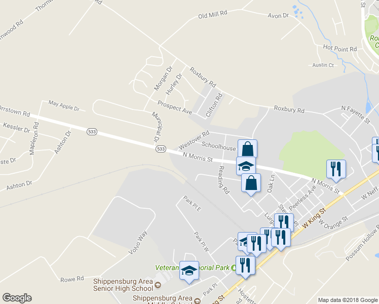 map of restaurants, bars, coffee shops, grocery stores, and more near 517 North Morris Street in Shippensburg