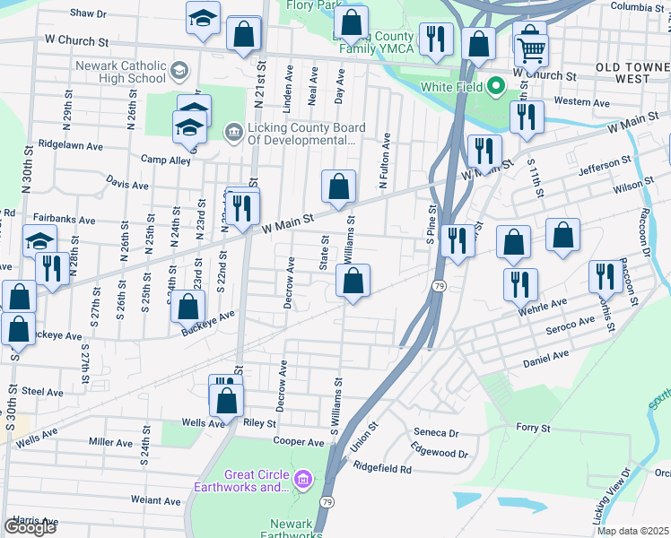 map of restaurants, bars, coffee shops, grocery stores, and more near 84 Cambria Street in Newark