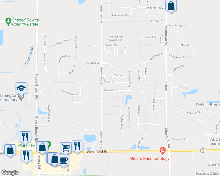 map of restaurants, bars, coffee shops, grocery stores, and more near 18085 Sanibel Cir in Noblesville