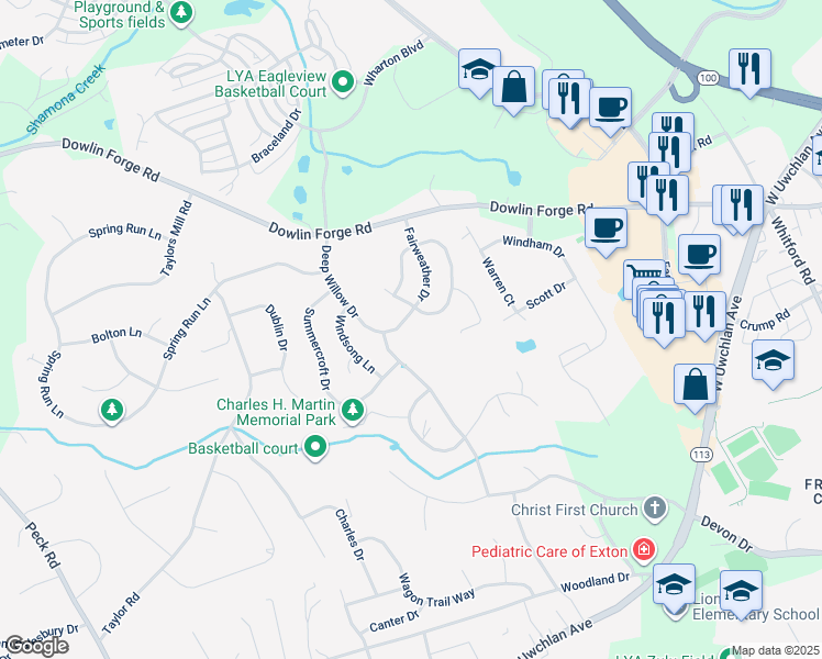 map of restaurants, bars, coffee shops, grocery stores, and more near 321 Fairweather Drive in Exton