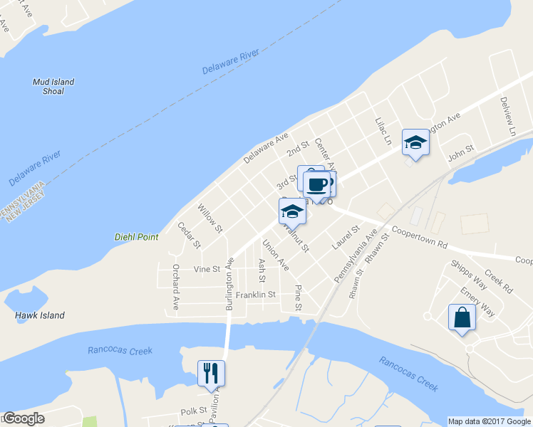 map of restaurants, bars, coffee shops, grocery stores, and more near 317 Walnut Street in Delanco