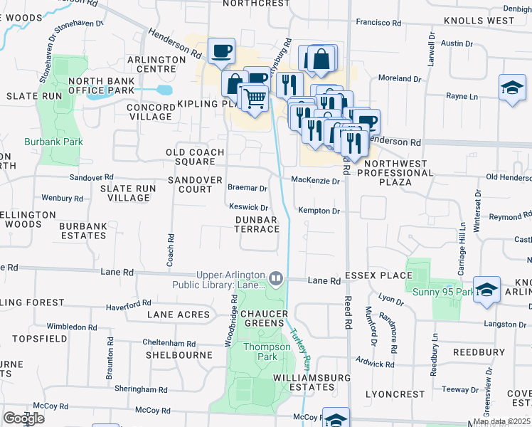 map of restaurants, bars, coffee shops, grocery stores, and more near 1943 Keswick Drive in Columbus