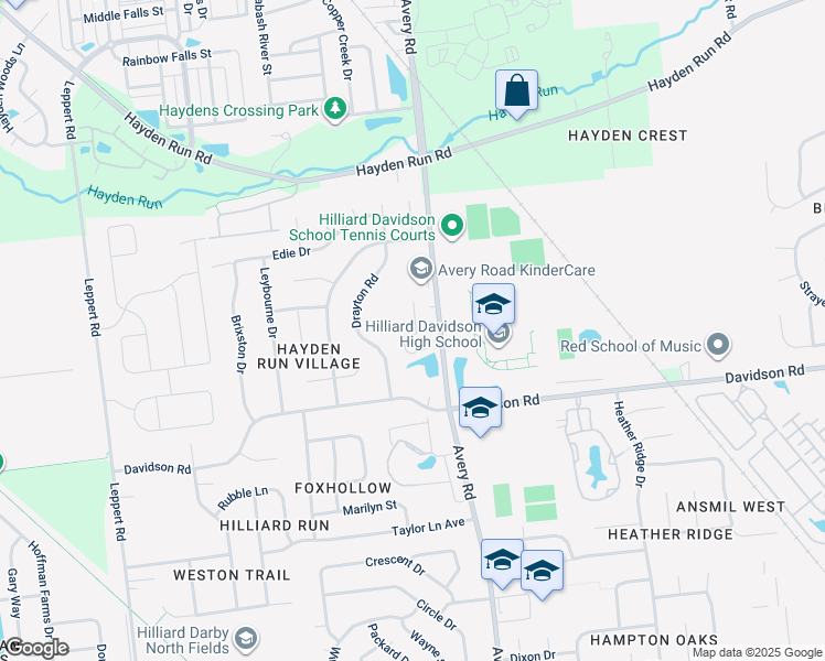 map of restaurants, bars, coffee shops, grocery stores, and more near 4819 King Albert Drive in Hilliard