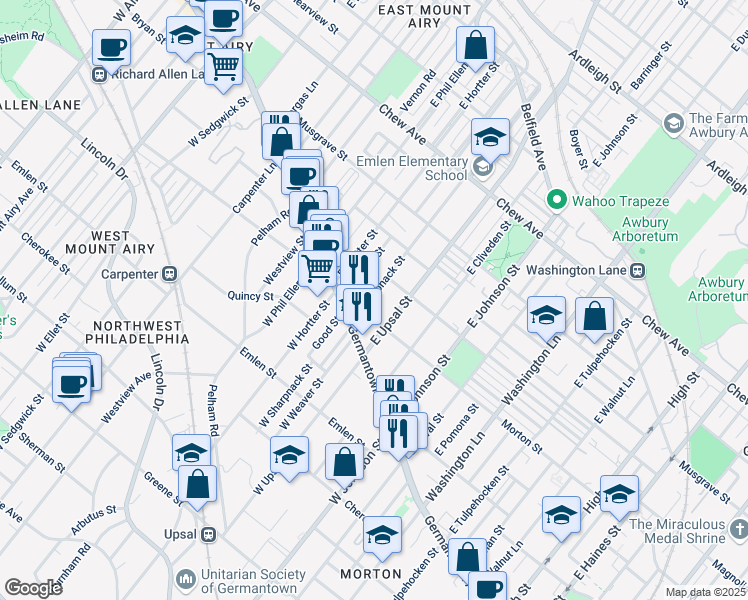 map of restaurants, bars, coffee shops, grocery stores, and more near 48 East Sharpnack Street in Philadelphia