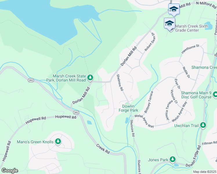 map of restaurants, bars, coffee shops, grocery stores, and more near 100 Longfields Way in Downingtown