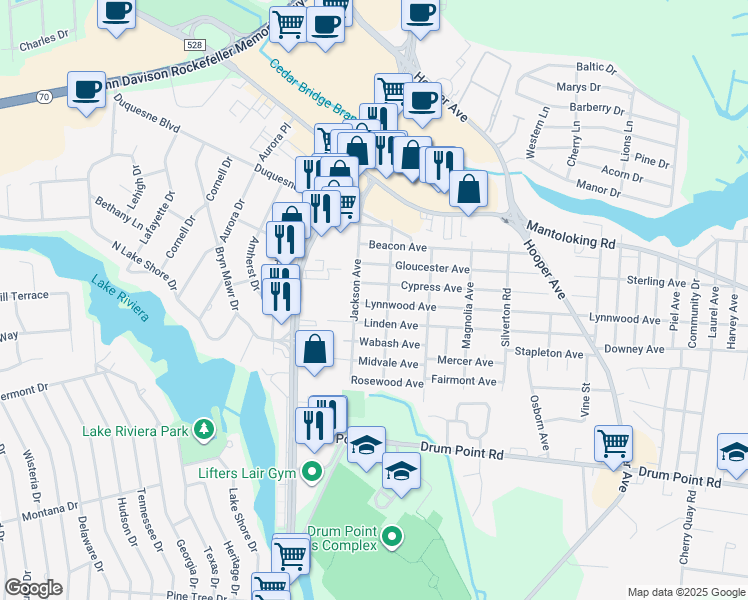 map of restaurants, bars, coffee shops, grocery stores, and more near 980 Lynnwood Avenue in Brick Township