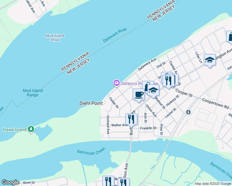 map of restaurants, bars, coffee shops, grocery stores, and more near 425 Delaware Avenue in Riverside