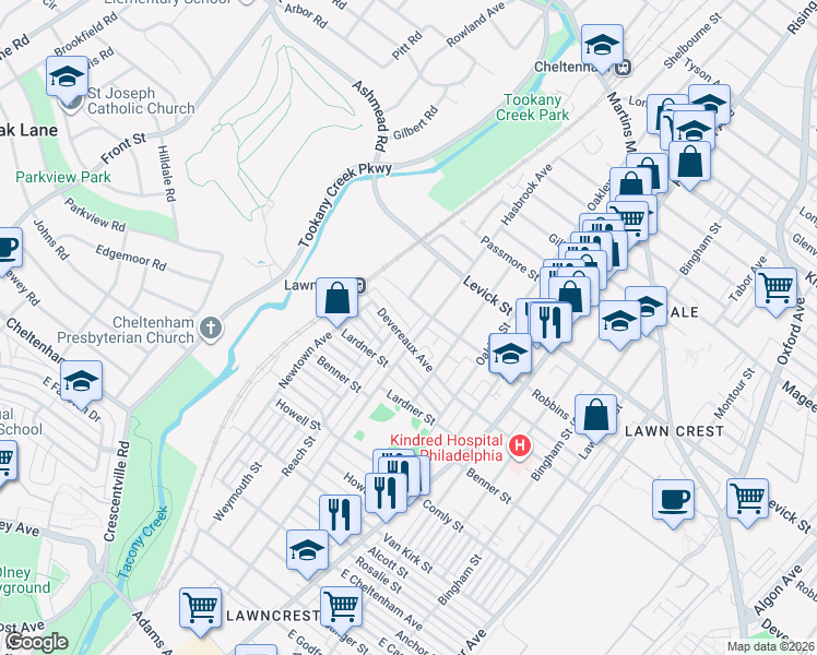 map of restaurants, bars, coffee shops, grocery stores, and more near 6158 Reach Street in Philadelphia