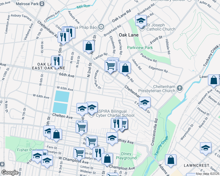 map of restaurants, bars, coffee shops, grocery stores, and more near 173 West Walnut Park Drive in Philadelphia