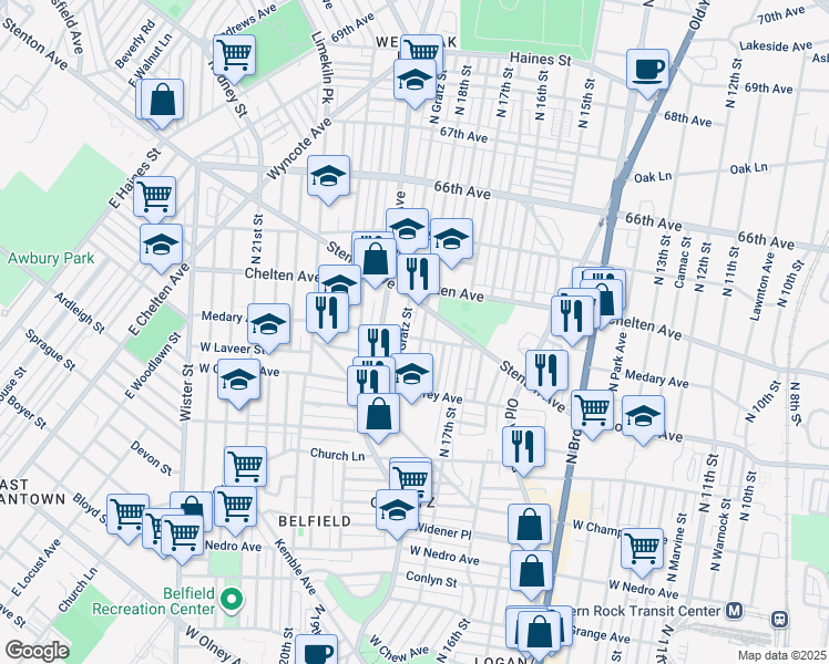 map of restaurants, bars, coffee shops, grocery stores, and more near 6301 North 18th Street in Philadelphia