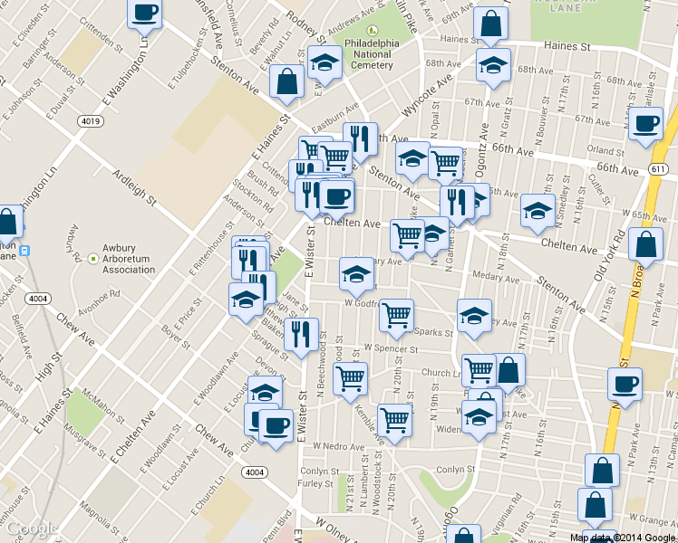 map of restaurants, bars, coffee shops, grocery stores, and more near 6237 North Norwood Street in Philadelphia