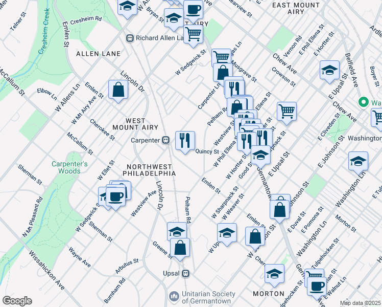 map of restaurants, bars, coffee shops, grocery stores, and more near 207 Pelham Road in Philadelphia