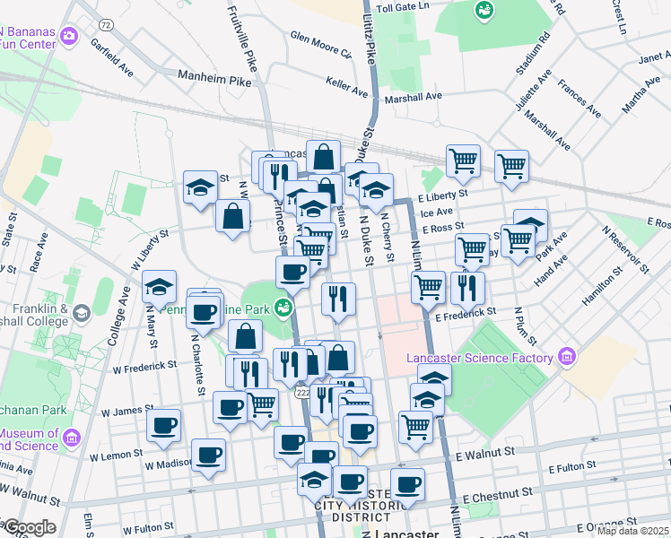 map of restaurants, bars, coffee shops, grocery stores, and more near 801 Pennsylvania 72 in Lancaster