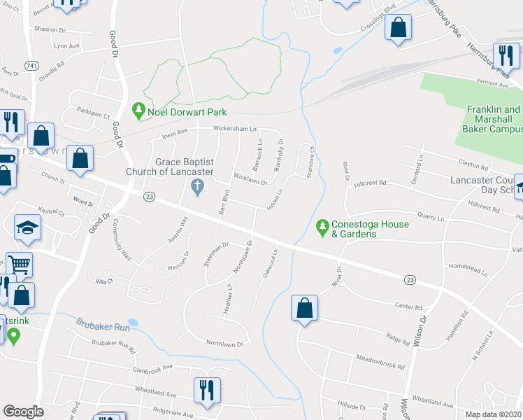 map of restaurants, bars, coffee shops, grocery stores, and more near 560 Estelle Drive in Lancaster