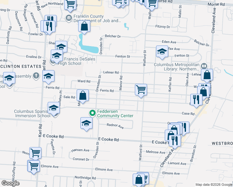 map of restaurants, bars, coffee shops, grocery stores, and more near 1873 Ferris Road in Columbus