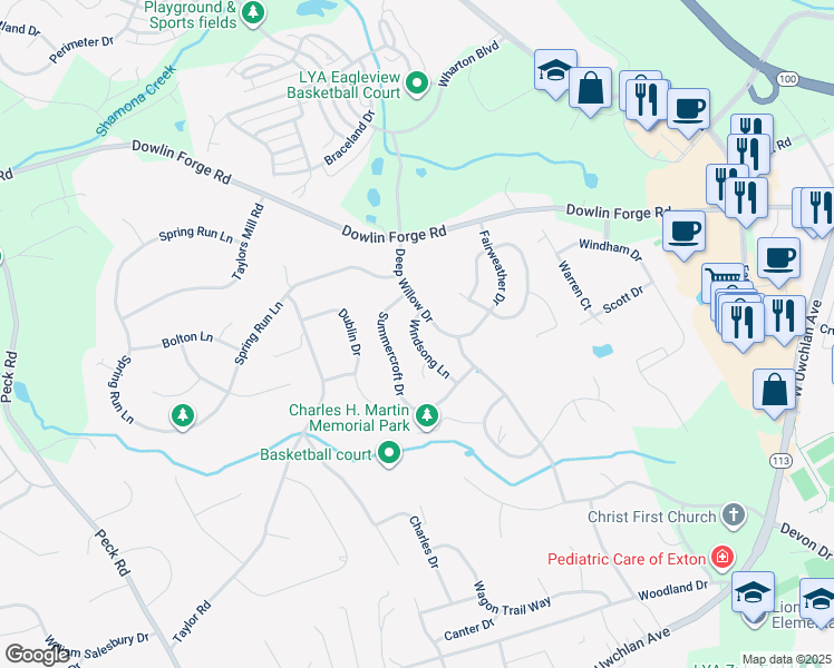 map of restaurants, bars, coffee shops, grocery stores, and more near 414 Windsong Lane in Exton