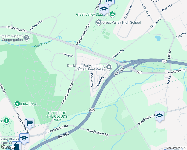 map of restaurants, bars, coffee shops, grocery stores, and more near 37 Kelmar Avenue in Malvern