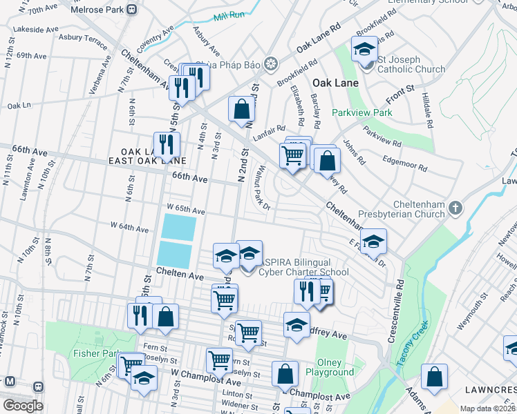 map of restaurants, bars, coffee shops, grocery stores, and more near 6514 Walnut Park Drive in Philadelphia