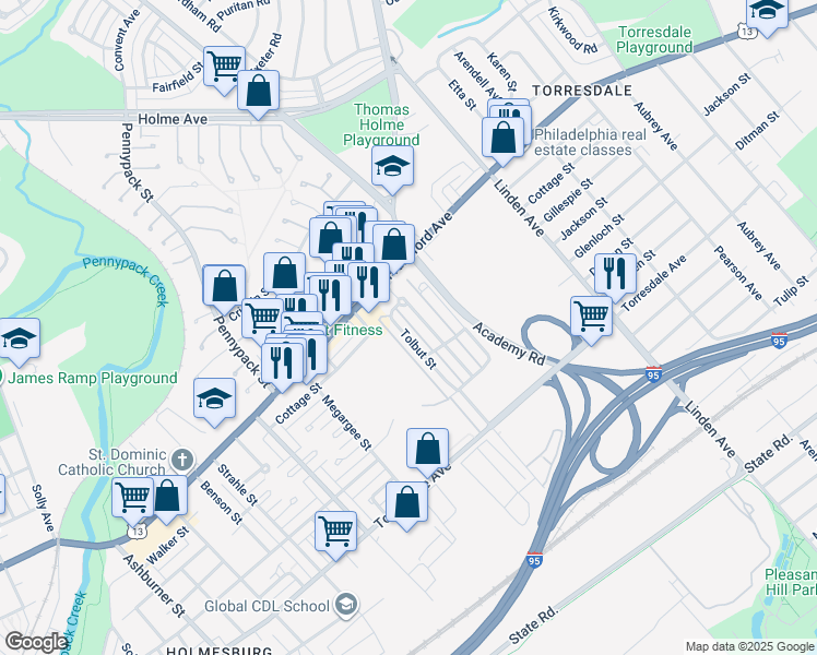 map of restaurants, bars, coffee shops, grocery stores, and more near 4443 Tolbut Street in Philadelphia
