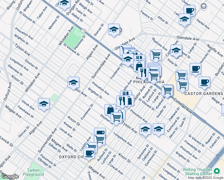 map of restaurants, bars, coffee shops, grocery stores, and more near 1320 Friendship Street in Philadelphia