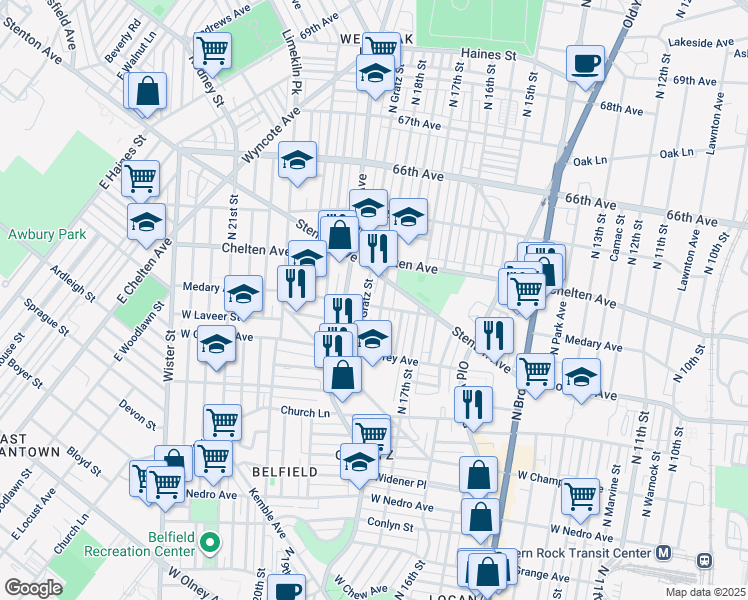 map of restaurants, bars, coffee shops, grocery stores, and more near 1811 Medary Avenue in Philadelphia