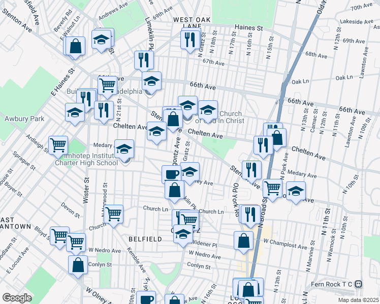 map of restaurants, bars, coffee shops, grocery stores, and more near 1811 Medary Avenue in Philadelphia