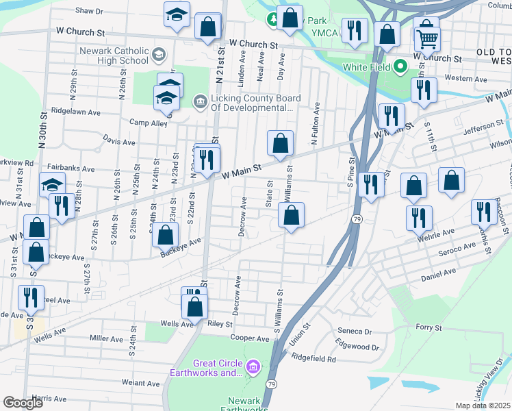 map of restaurants, bars, coffee shops, grocery stores, and more near 116 Cambria Street in Newark
