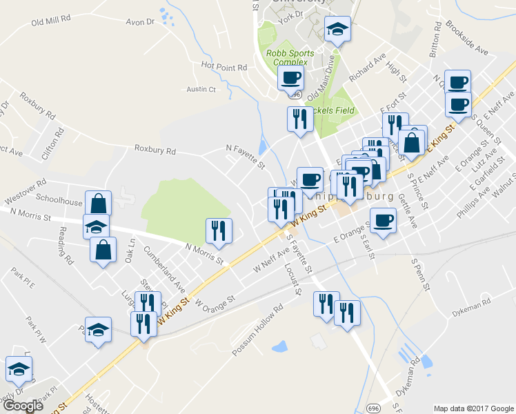 map of restaurants, bars, coffee shops, grocery stores, and more near 126 West Burd Street in Shippensburg