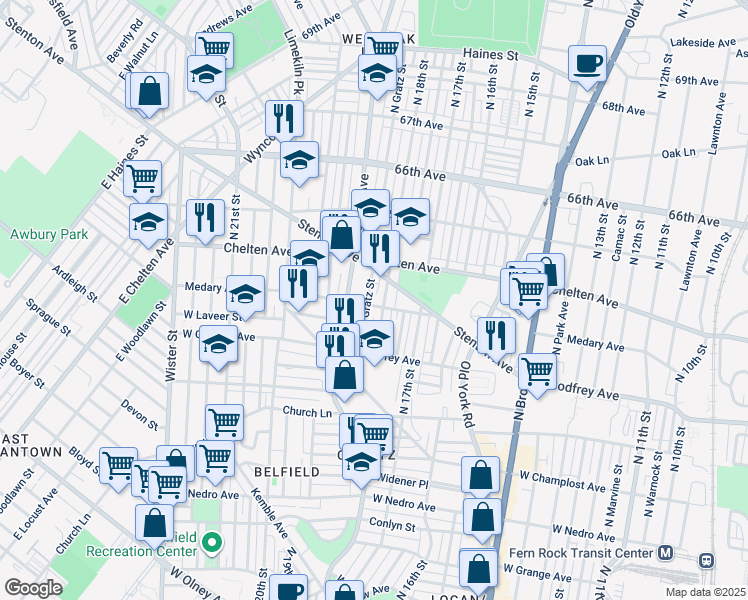 map of restaurants, bars, coffee shops, grocery stores, and more near 1813 Medary Avenue in Philadelphia