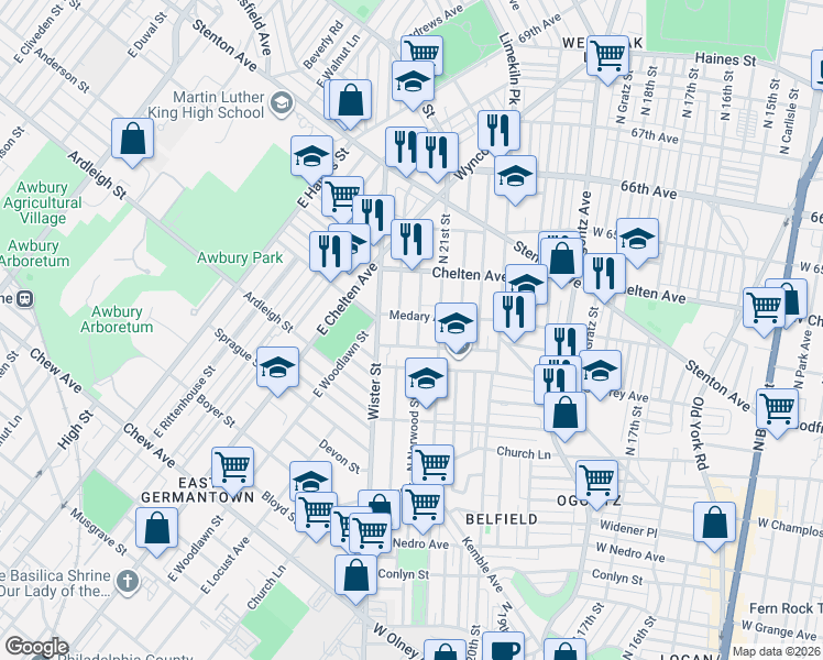 map of restaurants, bars, coffee shops, grocery stores, and more near 6237 North Norwood Street in Philadelphia
