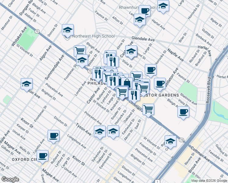 map of restaurants, bars, coffee shops, grocery stores, and more near 2040 Cottman Avenue in Philadelphia
