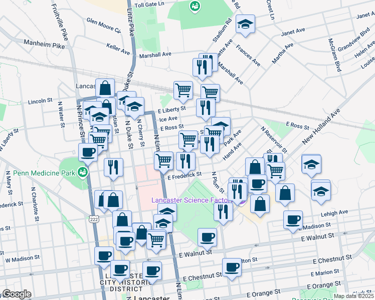 map of restaurants, bars, coffee shops, grocery stores, and more near 721 North Shippen Street in Lancaster