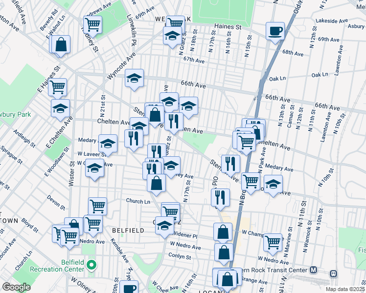 map of restaurants, bars, coffee shops, grocery stores, and more near 1726 Stenton Avenue in Philadelphia