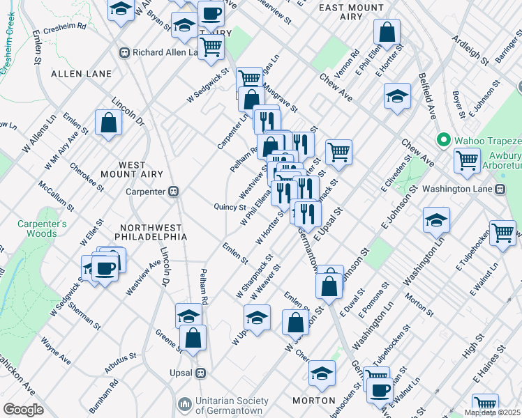 map of restaurants, bars, coffee shops, grocery stores, and more near 6629 Quincy Street in Philadelphia