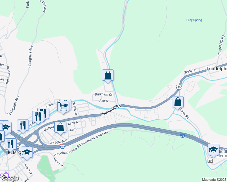 map of restaurants, bars, coffee shops, grocery stores, and more near 107 Peters Run Road in Wheeling