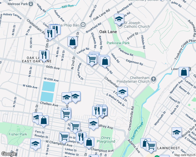map of restaurants, bars, coffee shops, grocery stores, and more near 119 West Walnut Park Drive in Philadelphia