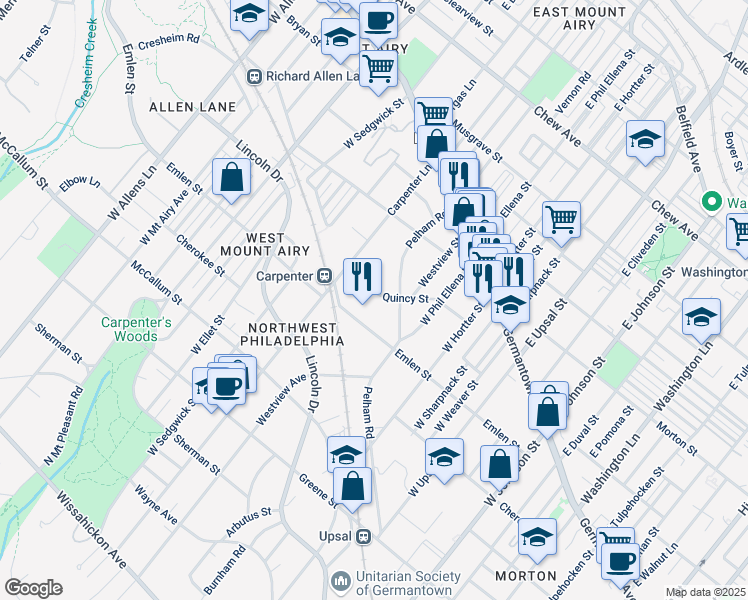 map of restaurants, bars, coffee shops, grocery stores, and more near 207 Pelham Road in Philadelphia