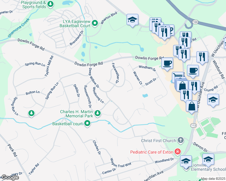 map of restaurants, bars, coffee shops, grocery stores, and more near 321 Fairweather Drive in Exton