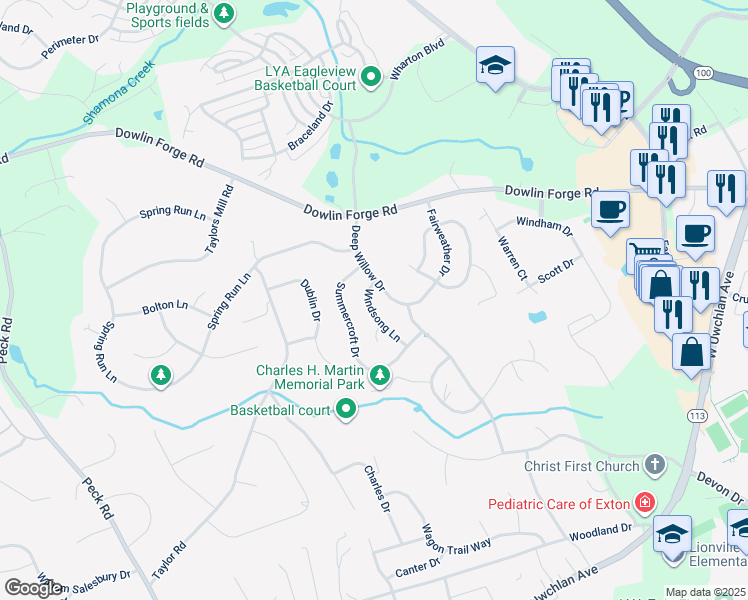 map of restaurants, bars, coffee shops, grocery stores, and more near 414 Windsong Lane in Exton