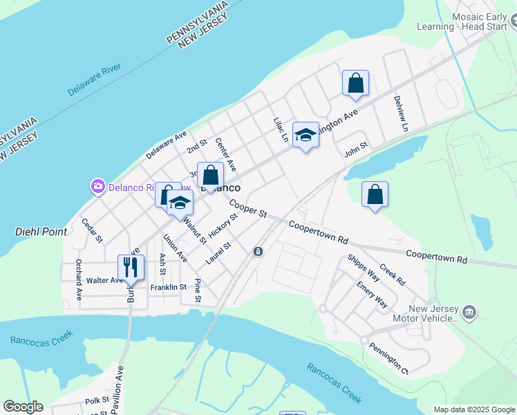 map of restaurants, bars, coffee shops, grocery stores, and more near 618 Cooper Street in Delanco