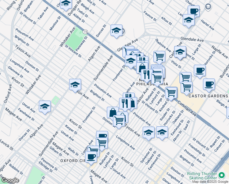 map of restaurants, bars, coffee shops, grocery stores, and more near 1320 Friendship Street in Philadelphia